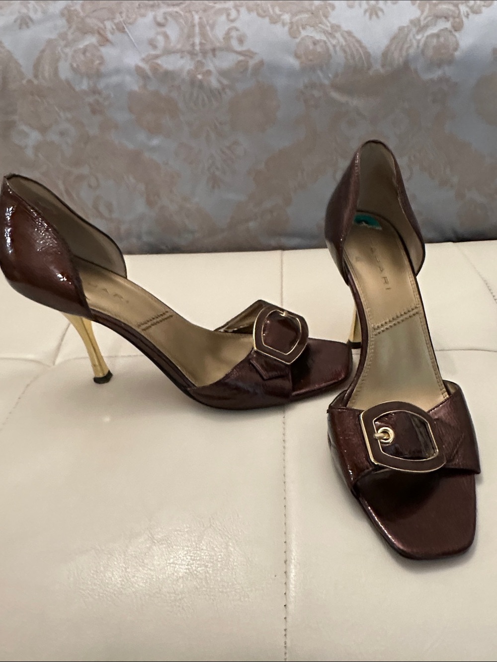 Tahari Brown Patent Open-Toe Heels with Gold Buckle